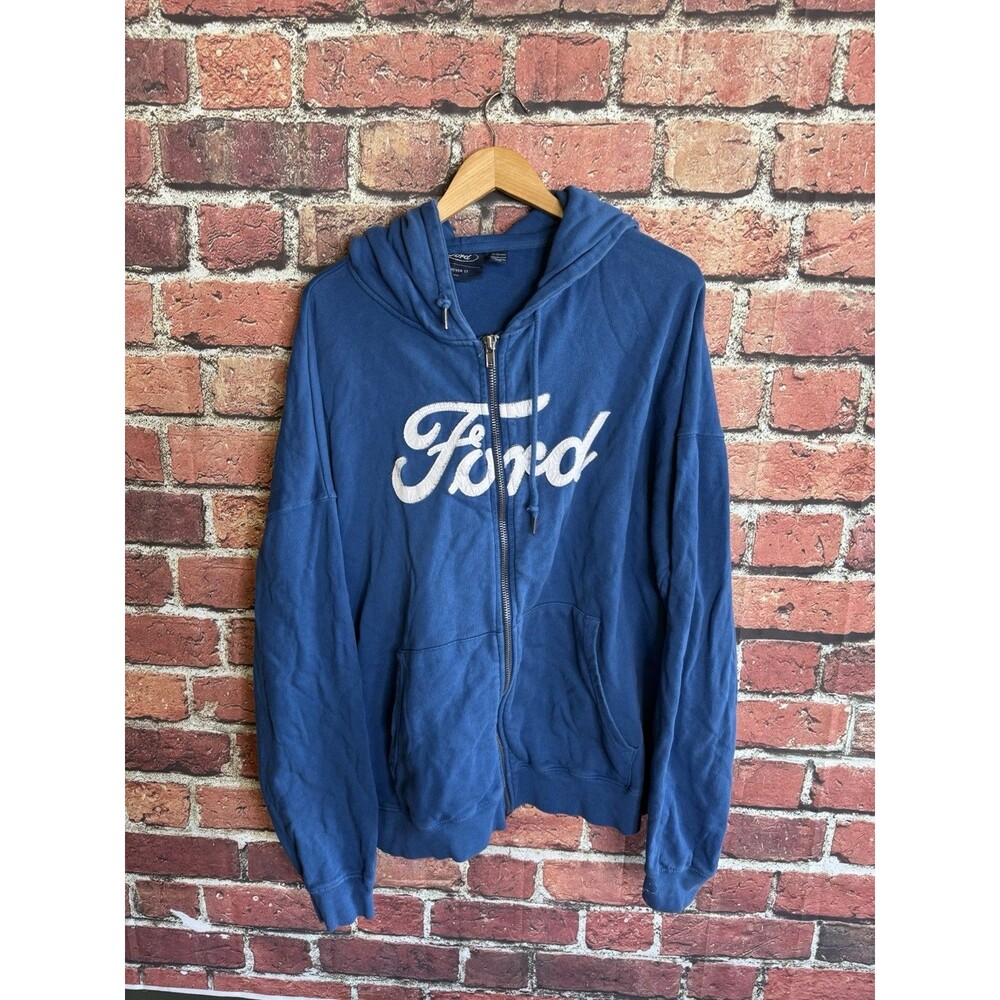 Forever 21 x Ford Mens Blue Full Zip Embroidered Hoodie Sweathirt Size 2XL